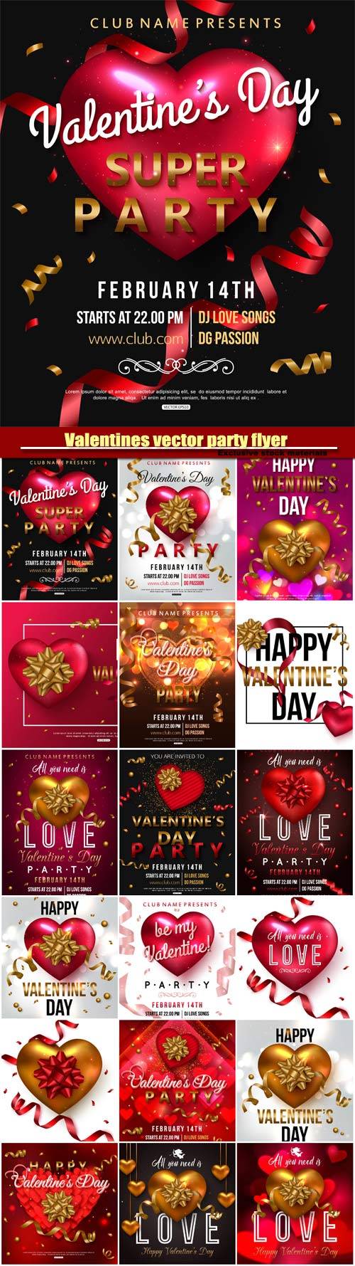 Valentines vector party flyer design with red heart bow ribbon