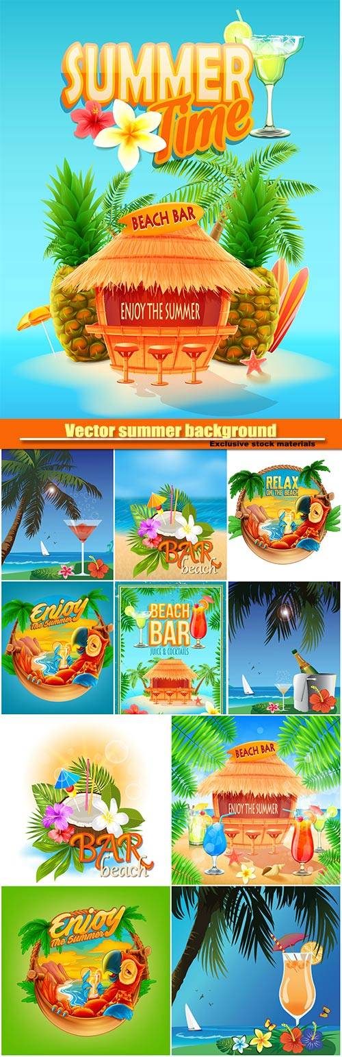 Vector summer background with palm trees and exotic cocktails