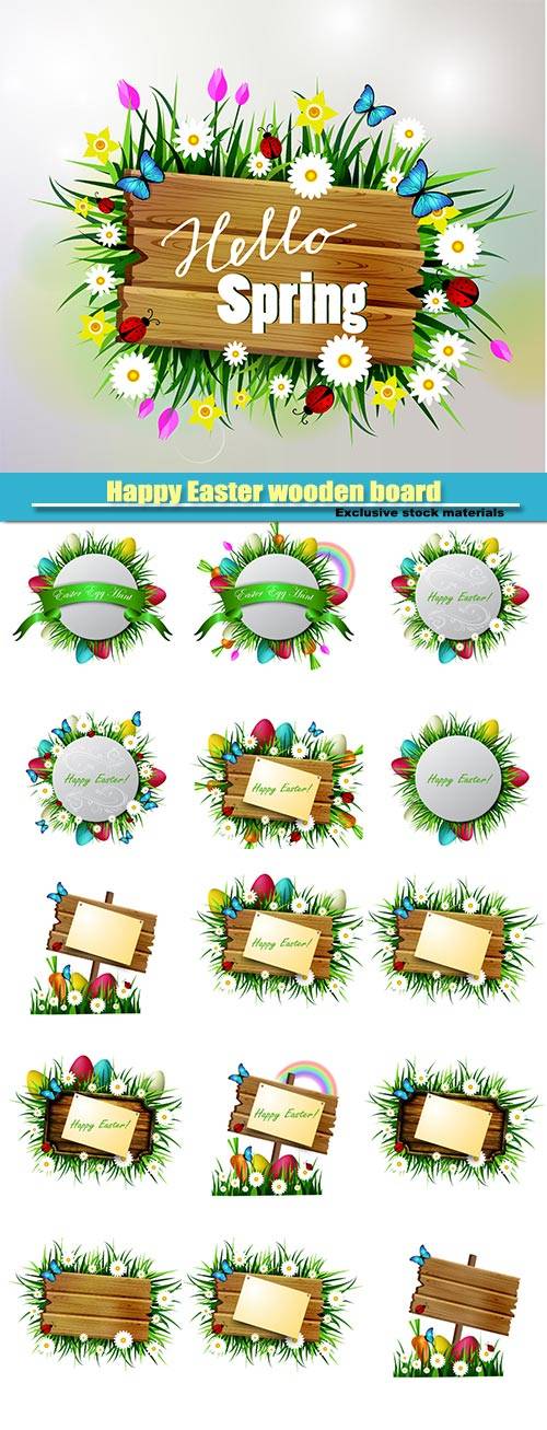 Happy Easter wooden board, flowers blue butterflyes, easter eggs, spring wo ...