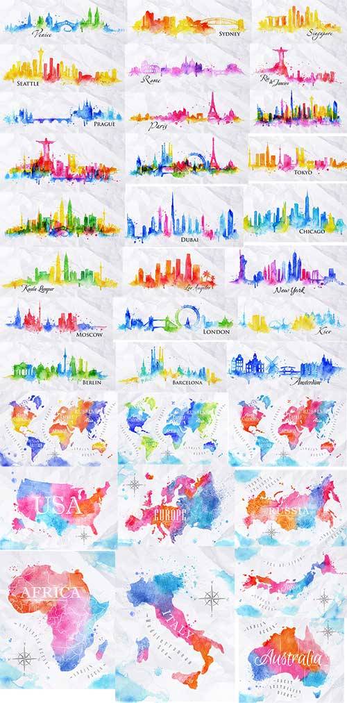 Watercolor world map and Silhouette city in vector