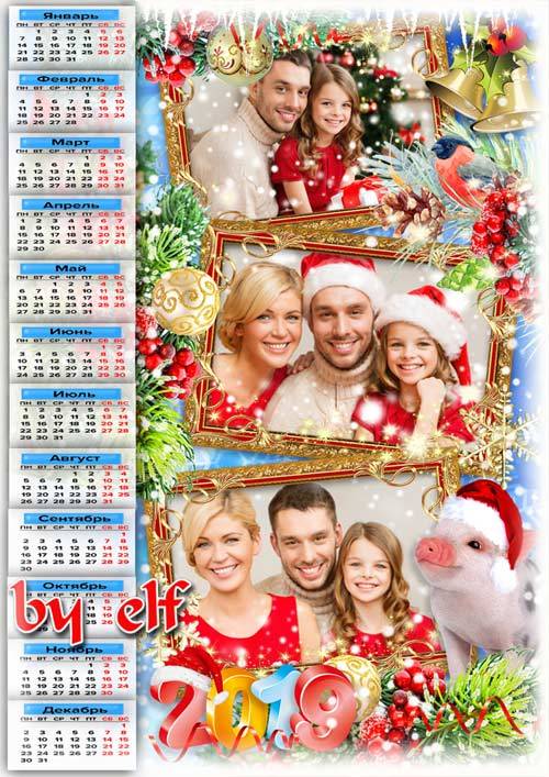 Календарь на 2019 год с рамками для фото и символом года - Счастья полное л ...