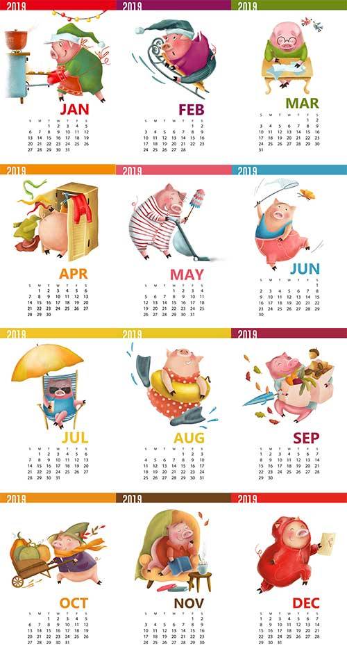 Календарь 2019 со свинкой в векторе / Calendar 2019 with pig in vector