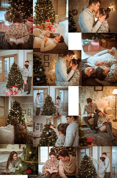 Влюблённая пара наряжает ёлку - Клипарт / Couple in love decorates Christmas tree - Clipart