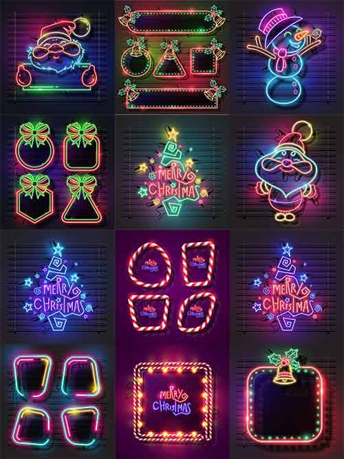  Новогодние неоновые баннеры - Векторный клипарт / Christmas neon banners - Vector Graphics
