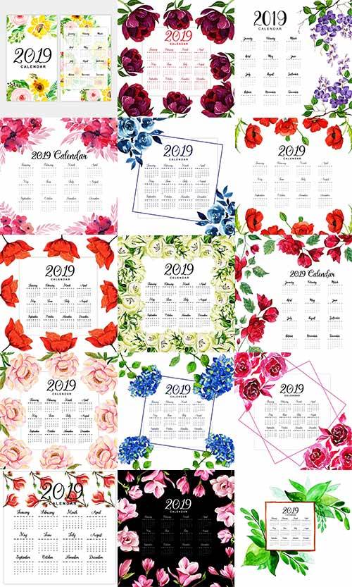 Календарь с цветами 2019 в векторе / Calendar with flowers 2019 in vector