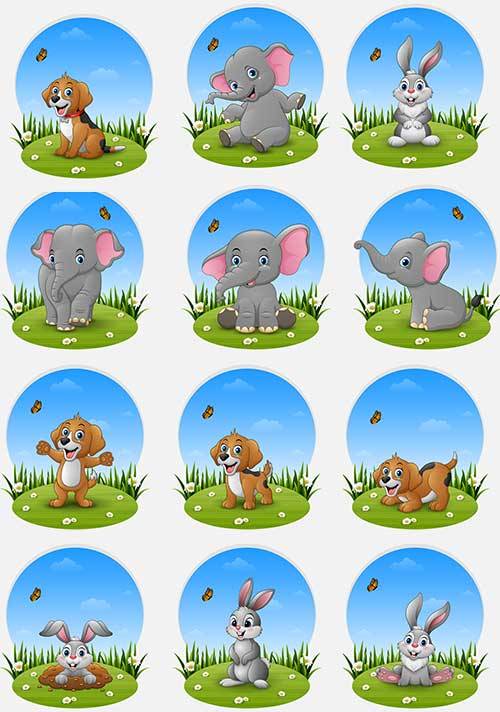 Животные на лужайке - Векторный клипарт / Animals on the lawn - Vector Graphics