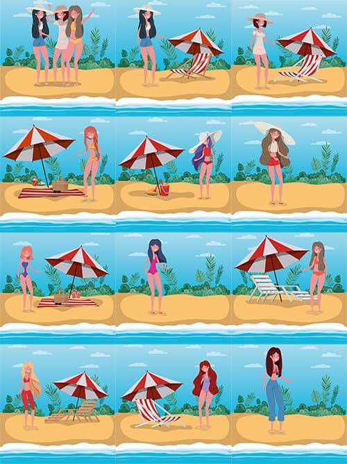 Девушки на море - Векторный клипарт / Girls at sea - Vector Graphics