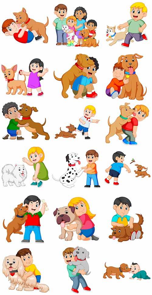 Дети и собака - Векторный клипарт / Children and dog - Vector Graphics