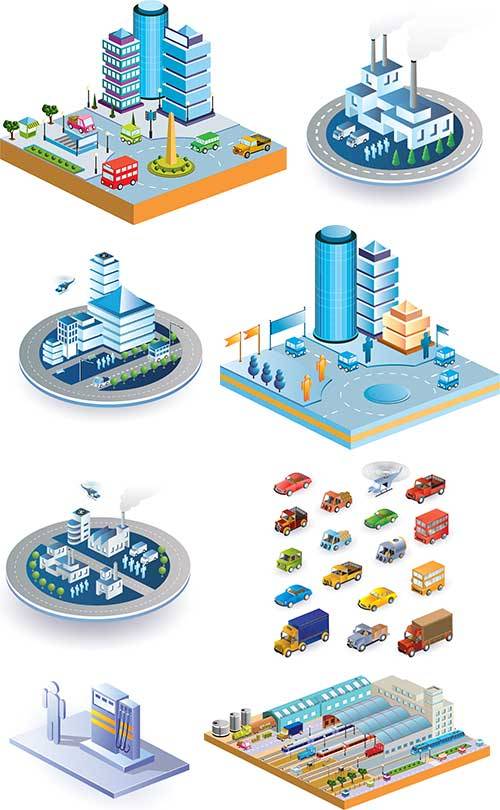 3D station with buildings and transport - Vector clipart 