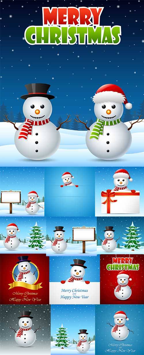   Фоны со снеговиками - Векторный клипарт / Backgrounds with snowmen - Vector Graphics