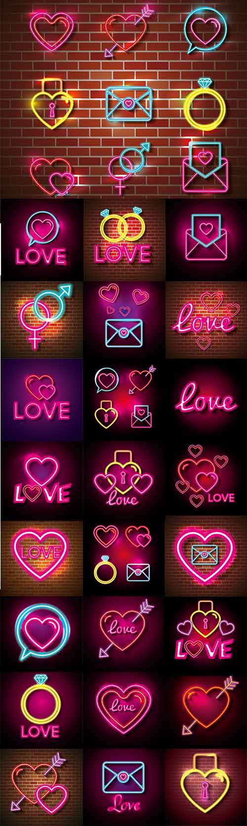 Неоновые иконки для влюблённых в векторе / Neon icons for lovers in vector