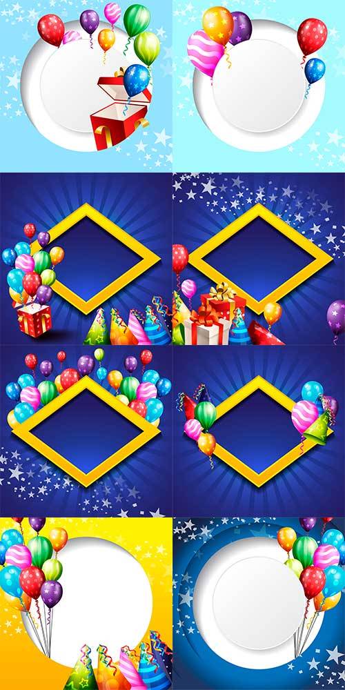 Рамки на день рождения с шарами и подарками  - Векторный клипарт