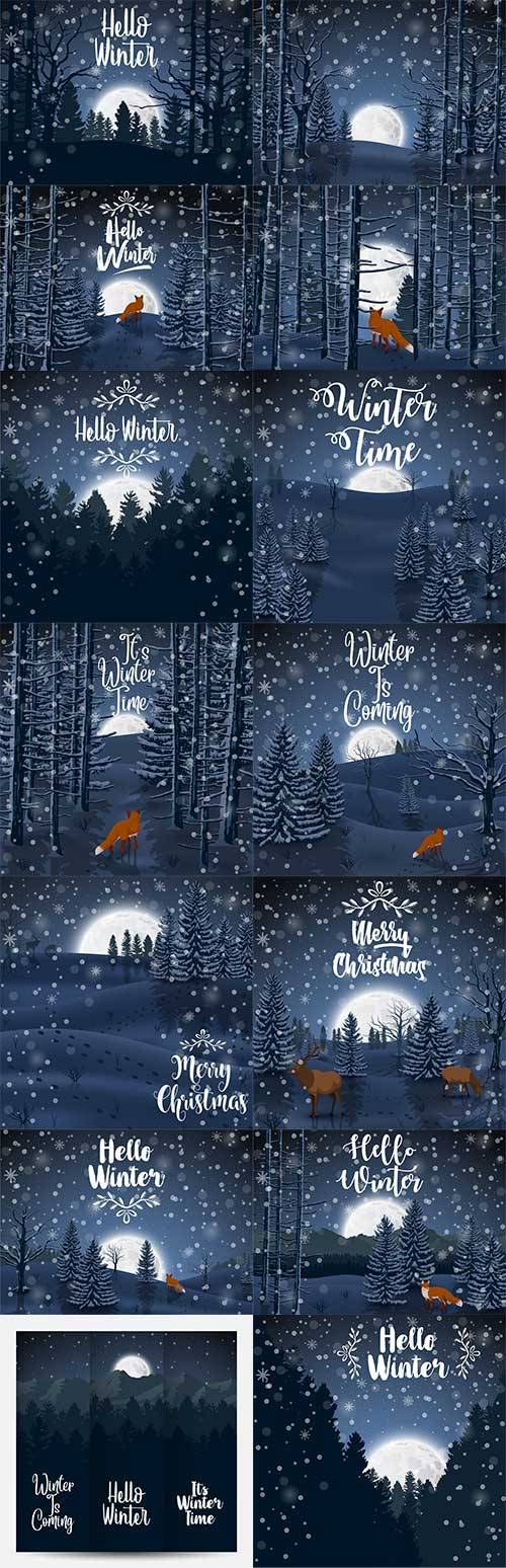Зимний лес ночью - Векторные фоны