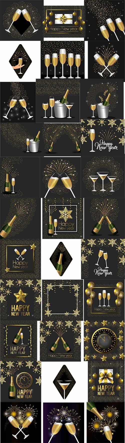 Бокалы с шампанским, звёзды, шары, блеск, часы - Новогодние элементы в векторе