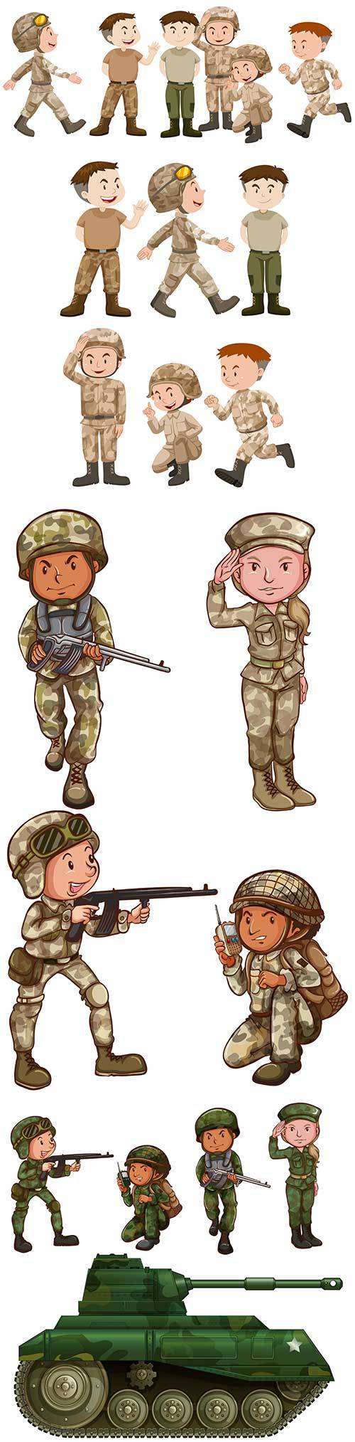 Рисованные люди в военной форме - Векторный клипарт