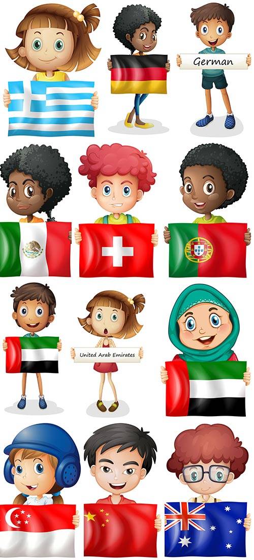 Дети с флагами разных стран мира - Векторный клипарт