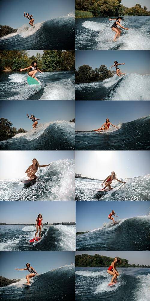 Сёрфинг над волнами смелой девушки - Фотоклипарт