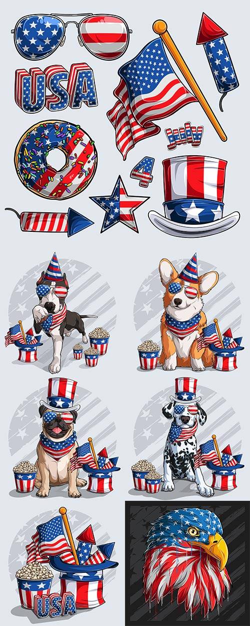 Собаки с предметами символики Америки - Векторный клипарт