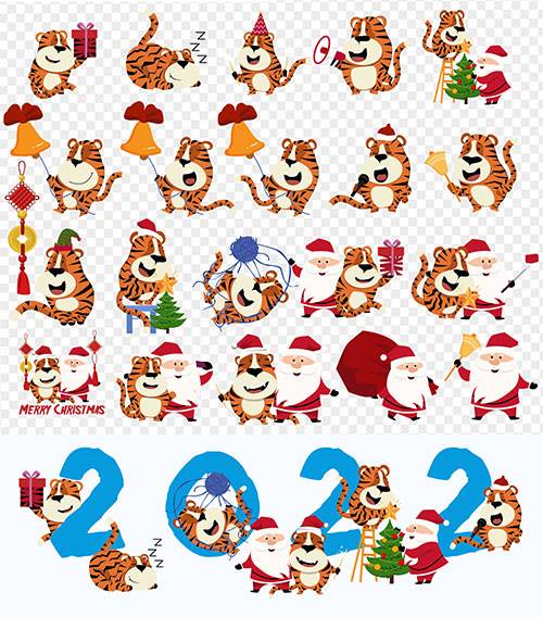 Санта Клаус и тигр - Новогодние векторные иконки с символом 2022 года