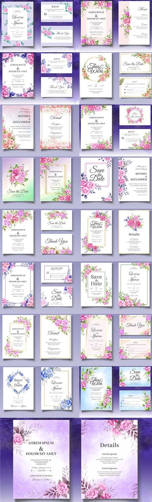 Элегантные приглашения на свадьбу с цветами - Векторный клипарт