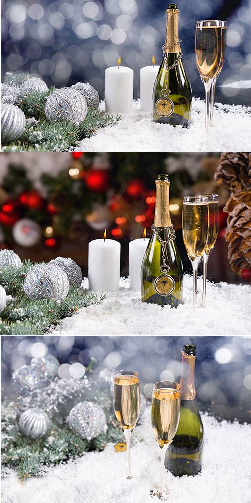 Фоны с шампанским, свечами и ветками ели к Новому Году - Растровый клипарт