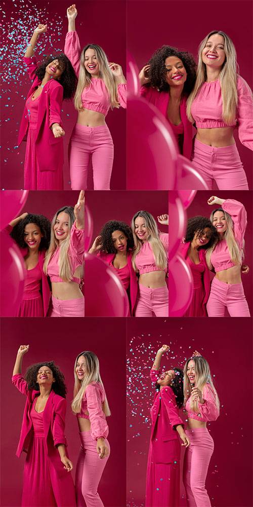 Брюнетка и блондинка в розовых костюмах - Фотоклипарт