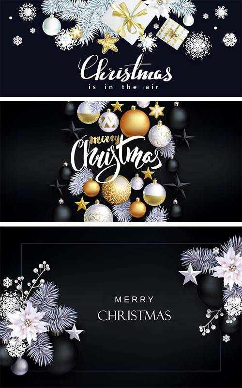 Тёмные векторные фоны с белыми новогодними шарами и подарками