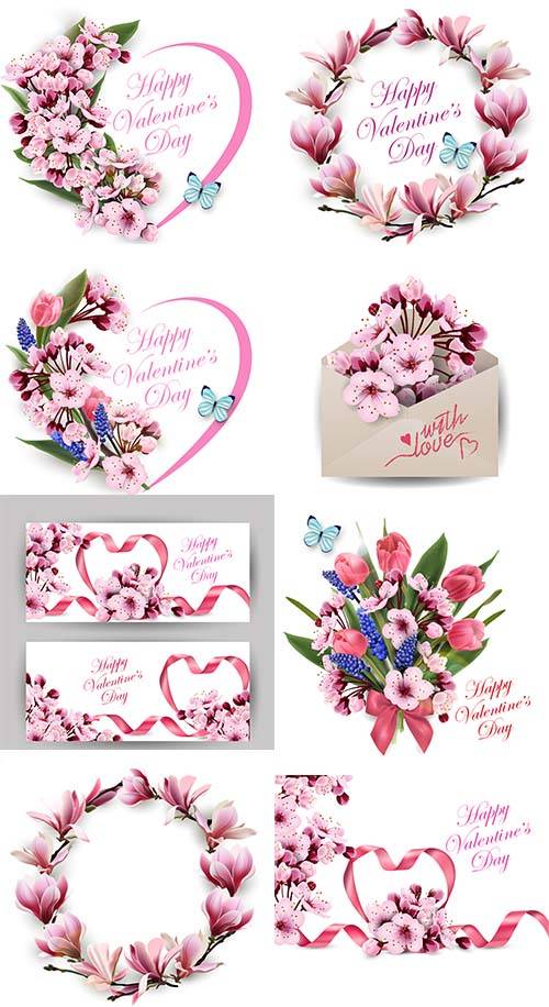 Валентинки с цветами и сердечками - Векторный клипарт