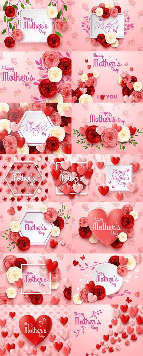 Векторные фоны с розами и сердечками для поздравлений с 8 марта