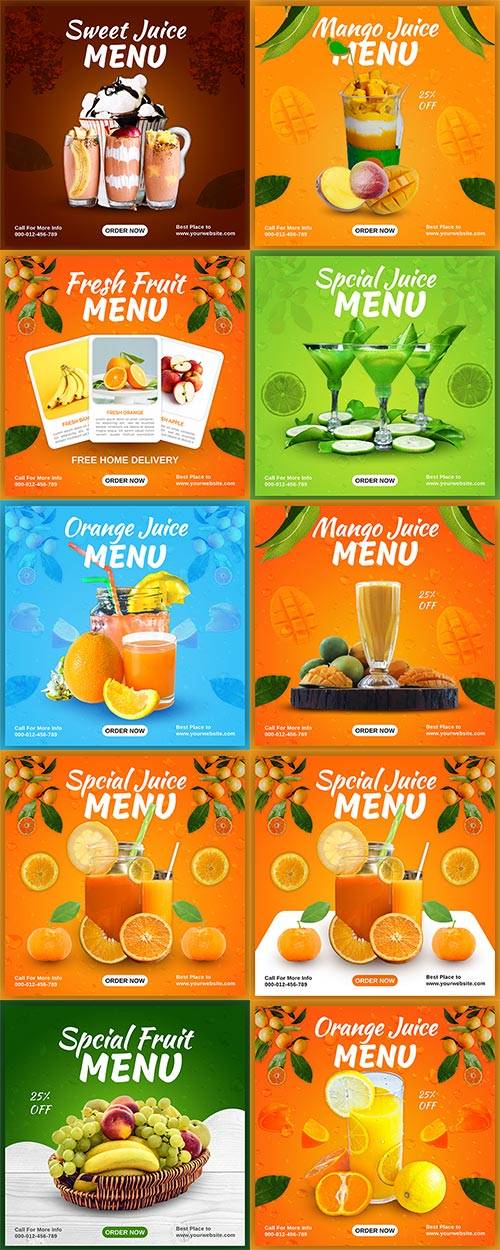 Шаблоны меню для соков и фруктов - Векторный клипарт