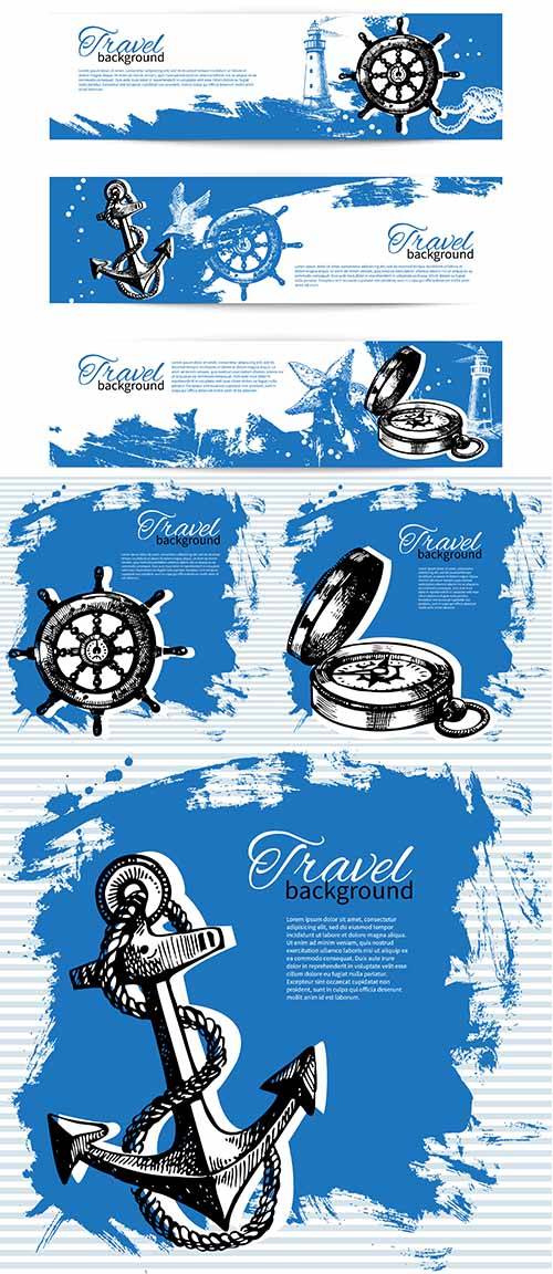 Векторные фоны и банеры морской тематики - Якорь, компас и штурвал на голубом фоне