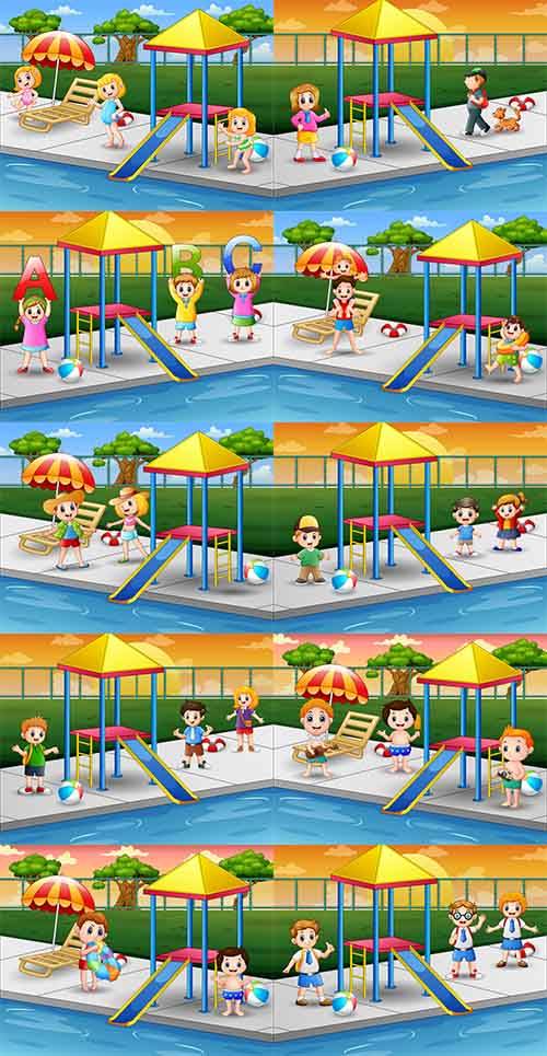 Дети играют около бассейна - Векторные фоны
