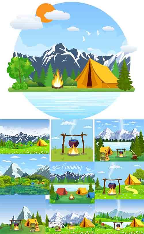 Отдых в горах на берегу озера в палатках - Векторные фоны