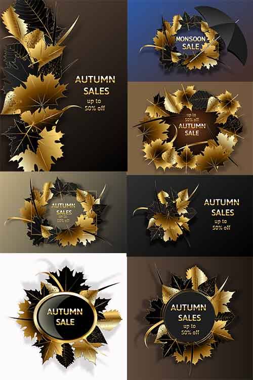 Осенние листья в золотых и чёрных тонах - Векторные фоны