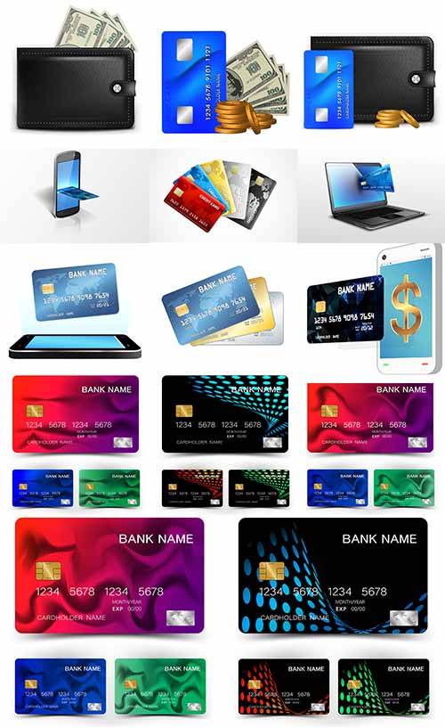 Кредитные карты в кошельке, телефоне, планшете и ноутбуке - Векторный клипарт