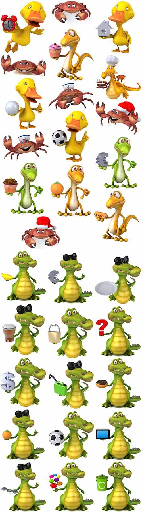 Крокодил, ящерка, рак и утёнок - Растровый клипарт