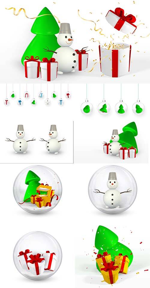 Снеговик, подарки, ёлка, новогодние шары - Новогодний векторный клипарт