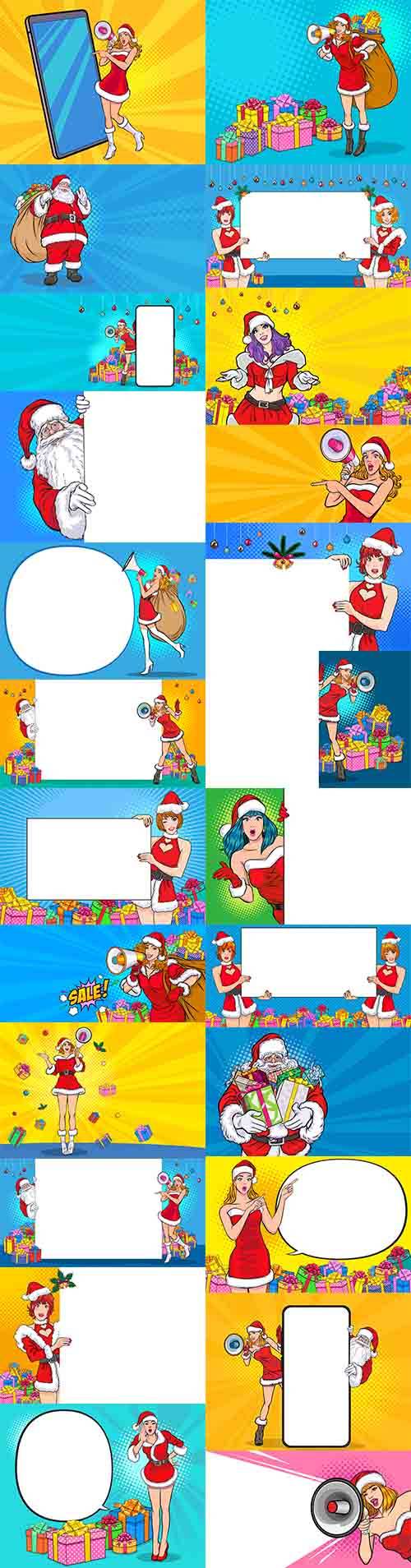 Санта и Санта Клаус с плакатами для поздравлений - Новогодний векторный клипарт
