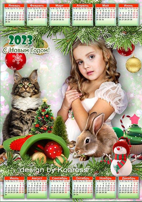 Календарь на 2023 год с символами года  Котом и Кроликом для детский нового ...