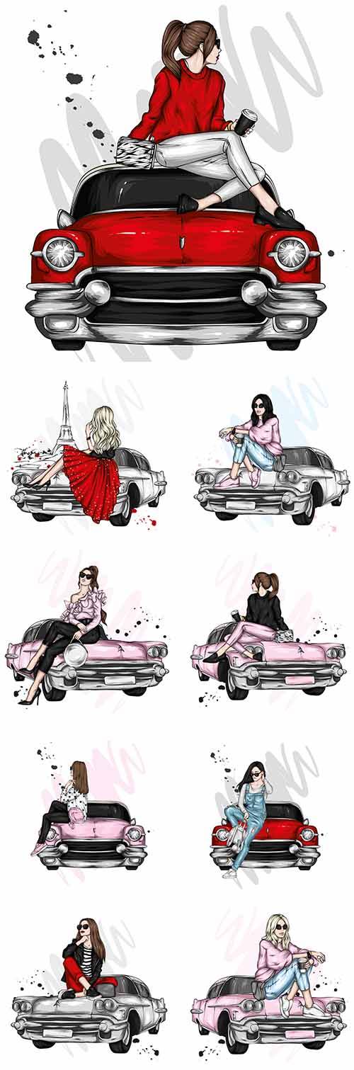Стильные и элегантные девушки и автомобили - Векторный клипарт