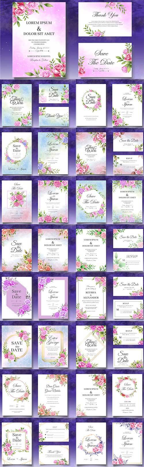 Приглашения с цветами на свадьбу - Векторные фоны