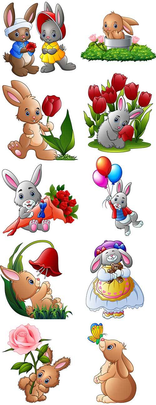 Кролики с цветами - Векторный клипарт