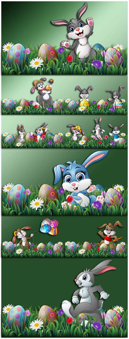 Кролик на лужайке с пасхальными яйцами - Клипарт