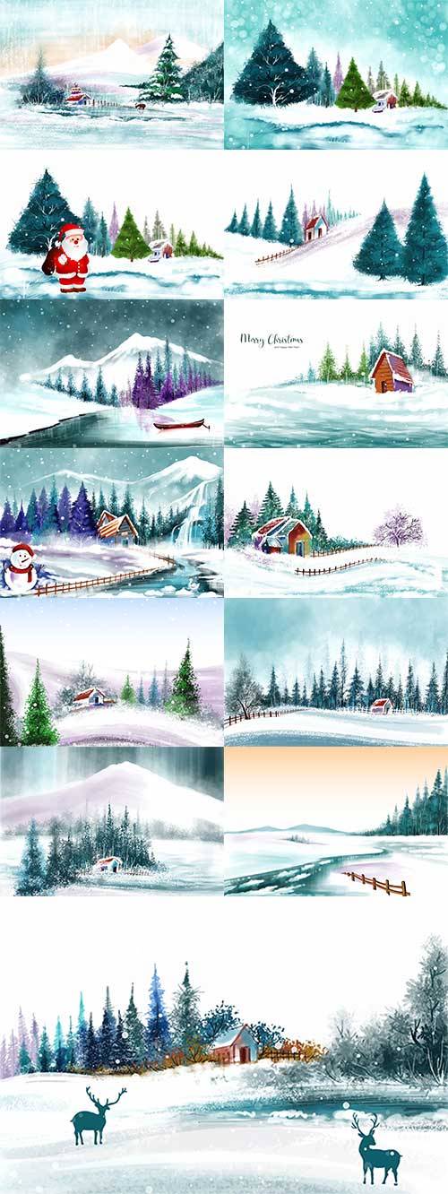 Красавица зима - Зимние векторные фоны акварелью